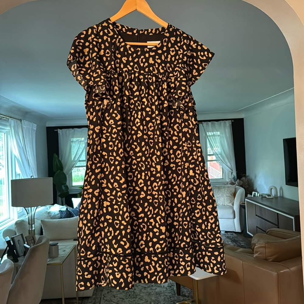 &Merci Dress Women’s L Pockets Leopard Print Ruffle Sleeve Zip